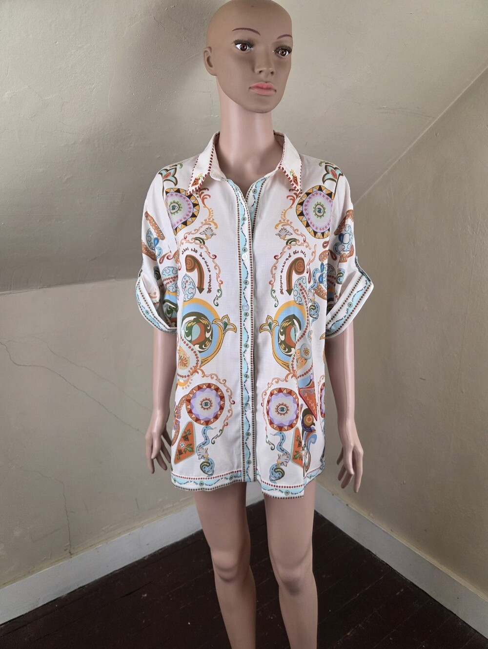 Commense NWT Women's Paisley Button Shirt XL Roll Tab Sleeve Blouse